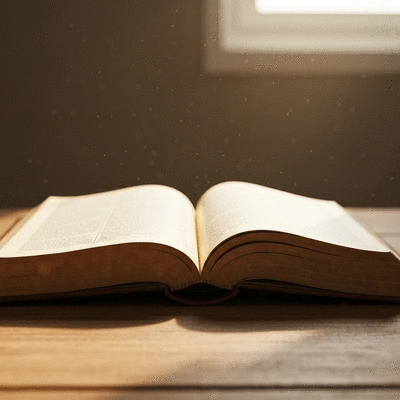 Close up of an open vintage bible on a wooden table in soft natural lighting