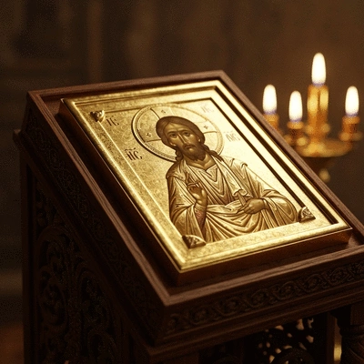 Detailed close-up of a golden ornate Orthodox religious icon on a wooden stand