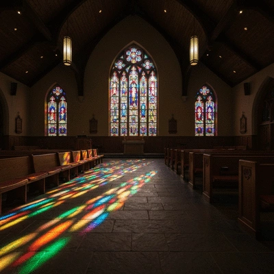 Interior view of a modern church sanctuary with stained glass light patterns