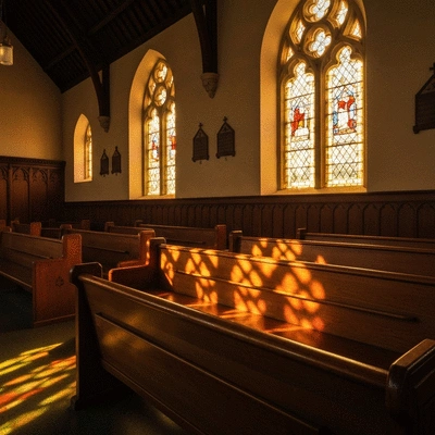 Sunlight streaming through stained glass windows in a historic Australian church interior