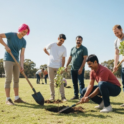 Diverse group of people participating in a community service project outdoors