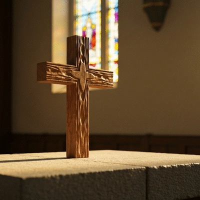 Close-up of an ornate wooden cross on a church altar with sunlight