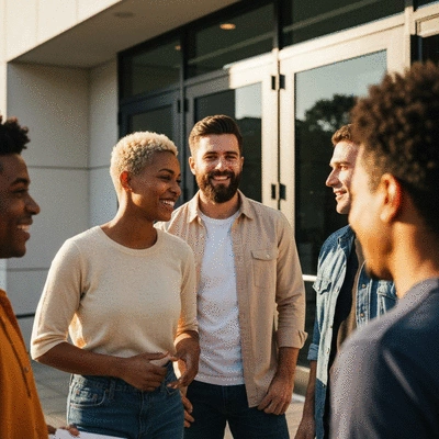 A diverse group of friends gathered outside a modern church building entrance