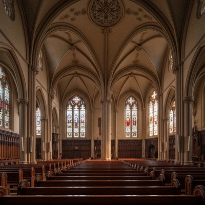 Interior of a historic Australian cathedral with sunlight streaming through stained glass