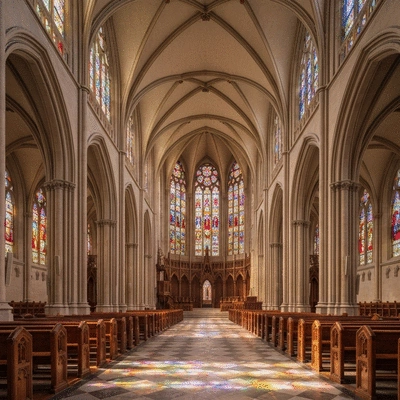 Interior view of a majestic cathedral with stained glass and pews