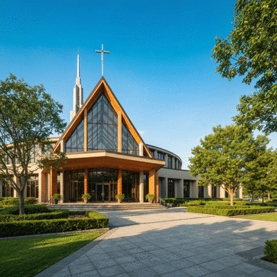 A welcoming modern church entrance with a clean architectural design