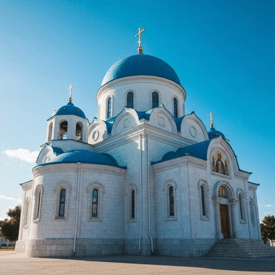 The exterior of a traditional Orthodox church with white walls and blue domes under a clear blue sky