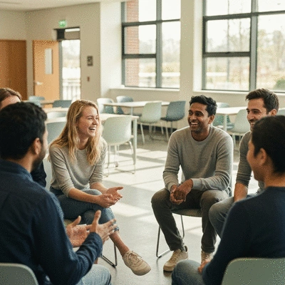 Group of diverse people in a community circle in a bright hall