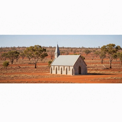 Modern small church building in rural Australian outback landscape