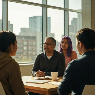Diverse group of people gathered in a modern community circle for shared spiritual reflection