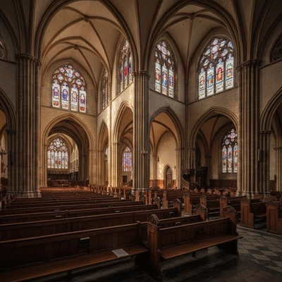 Interior of a beautiful historic cathedral with sunlight streaming through stained glass windows
