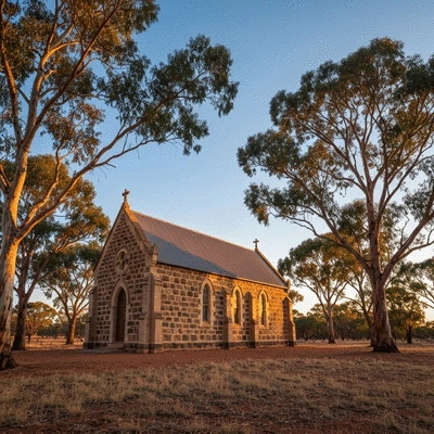 Historic stone chapel in Australian landscape