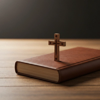 Close up of a religious scripture book and a symbolic cross on a wooden table