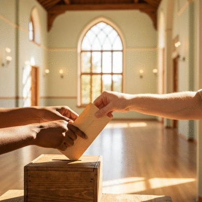 Close-up of hands placing a donation into a wooden collection box in a sunlit room