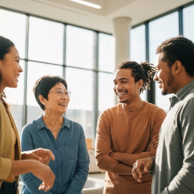 Modern diverse group of people in a community center